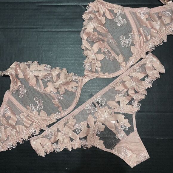 Victoria's Secret unlined 32DDD,34DDD,36DD BRA SET M dusty pink taupe APPLIQUÉ - Picture 1 of 4